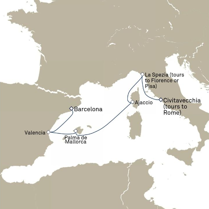 Carte de l’itinéraire Queen Victoria, Civitavecchia (excursions vers Rome), Italie → Barcelone, Espagne
