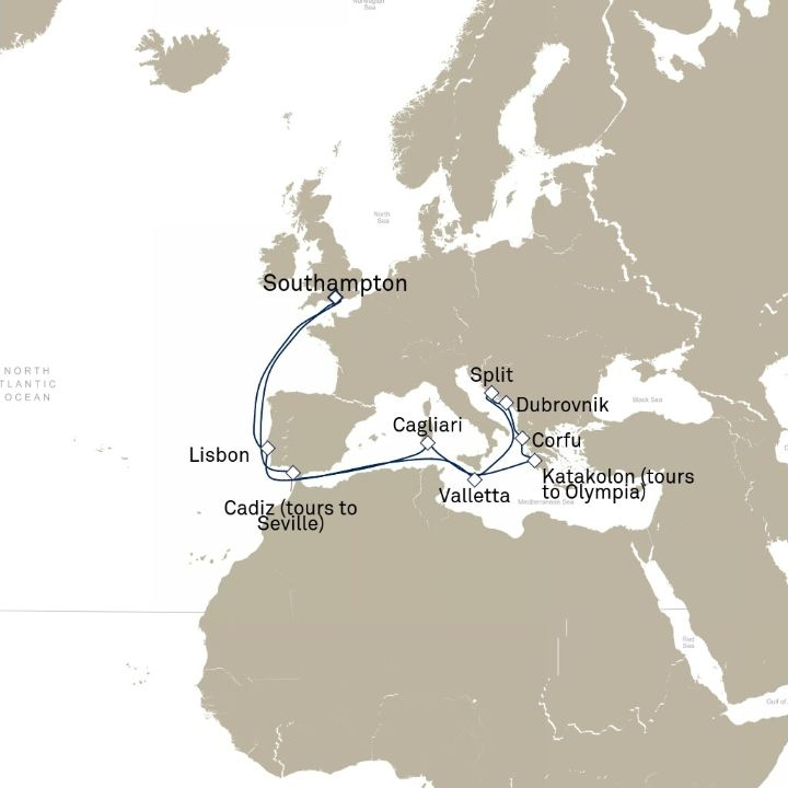 Carte de l’itinéraire Queen Victoria, Southampton, Angleterre, Royaume-Uni → Southampton, Angleterre, Royaume-Uni
