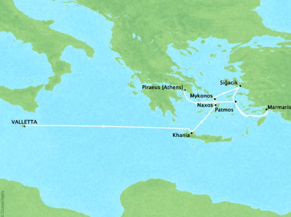 Carte de l’itinéraire Four Seasons One, Valletta → Le Pirée