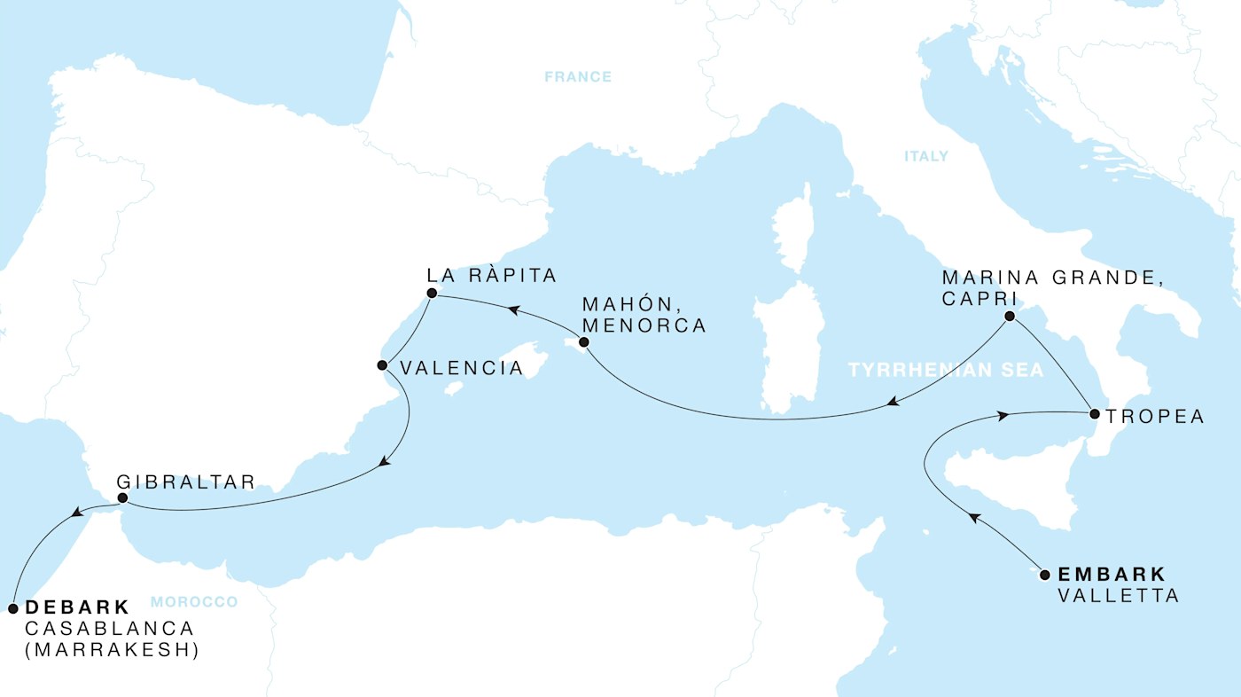 Carte de l’itinéraire Four Seasons One, Valletta → Casablanca (Marrakesh)