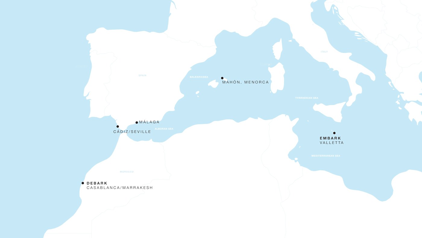 Carte de l’itinéraire Four Seasons Two, Valletta → Casablanca (Marrakesh)