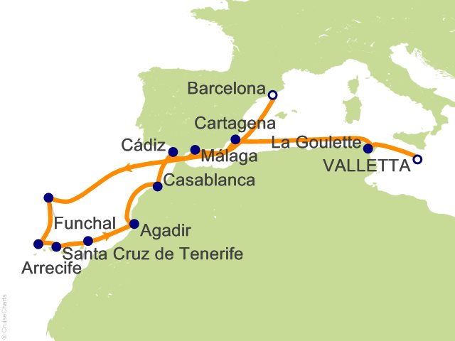 Carte de l’itinéraire Allura, Valletta → Barcelone