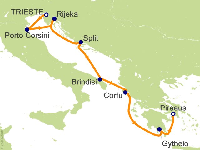 Carte de l’itinéraire Allura, Trieste → Athènes (Le Pirée)