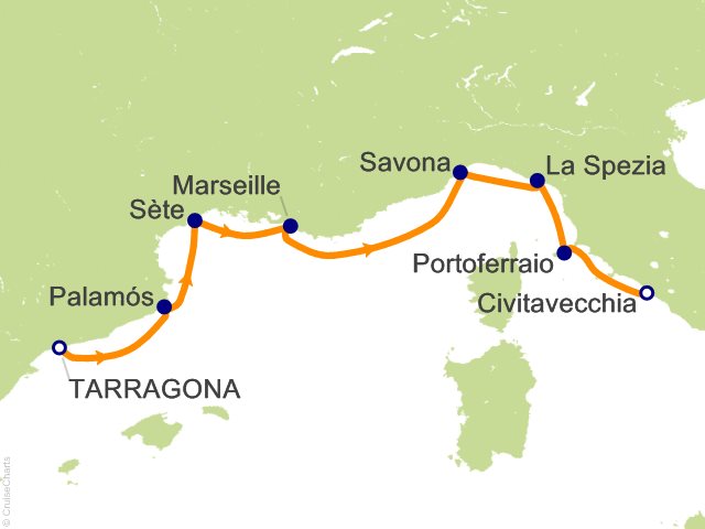 Carte de l’itinéraire Allura, Tarragona → Rome (Civitavecchia)