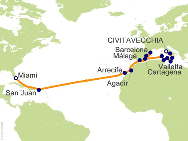 Carte de l’itinéraire Allura, Rome (Civitavecchia) → Miami