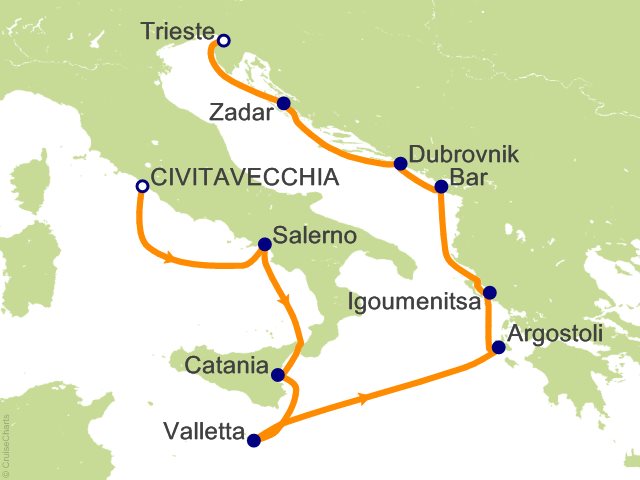 Carte de l’itinéraire Allura, Rome (Civitavecchia) → Trieste