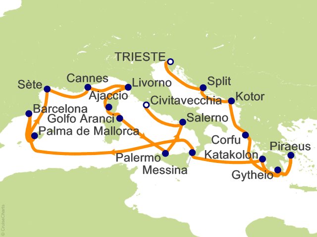 Carte de l’itinéraire Allura, Trieste → Rome (Civitavecchia)