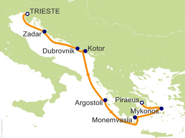 Carte de l’itinéraire Allura, Trieste → Athènes (Le Pirée)
