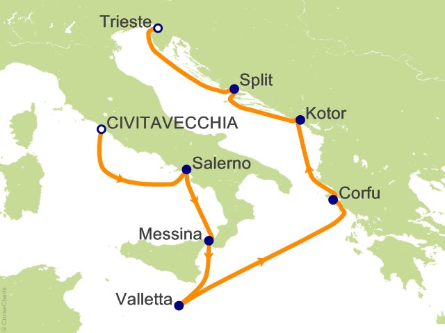 Carte de l’itinéraire Allura, Rome (Civitavecchia) → Trieste