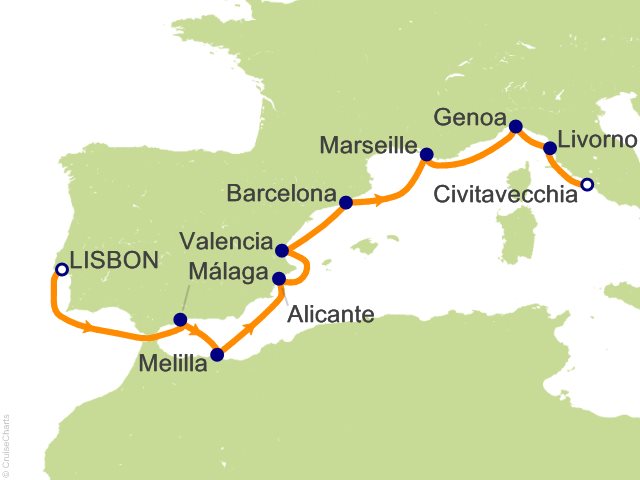 Carte de l’itinéraire Allura, Lisbonne → Rome (Civitavecchia)