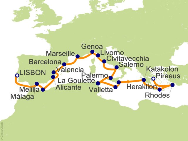 Carte de l’itinéraire Allura, Lisbonne → Athènes (Le Pirée)