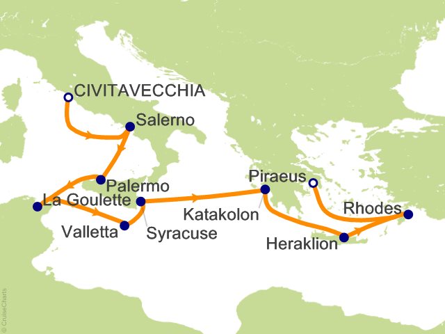 Carte de l’itinéraire Allura, Rome (Civitavecchia) → Athènes (Le Pirée)