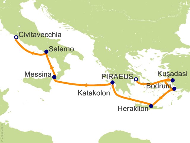 Carte de l’itinéraire Allura, Athènes (Le Pirée) → Rome (Civitavecchia)