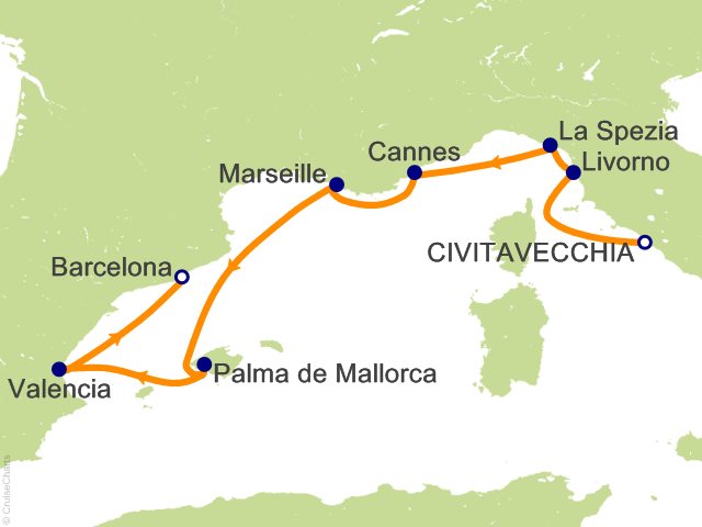Carte de l’itinéraire Allura, Rome (Civitavecchia) → Barcelone