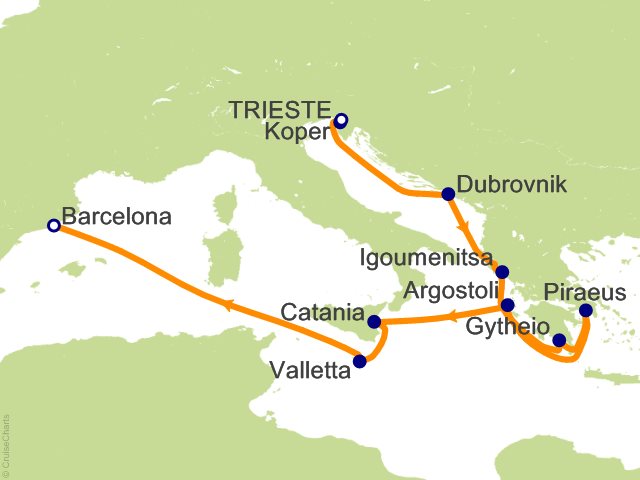 Carte de l’itinéraire Allura, Trieste → Barcelone