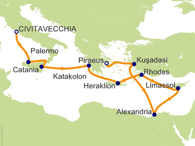Carte de l’itinéraire Allura, Rome (Civitavecchia) → Athènes (Le Pirée)
