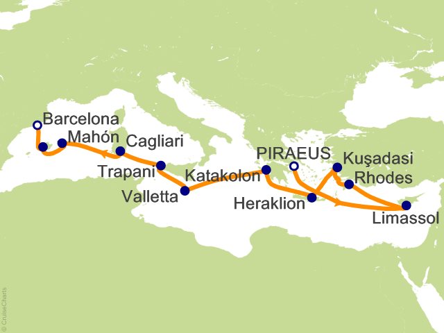 Carte de l’itinéraire Allura, Athènes (Le Pirée) → Barcelone