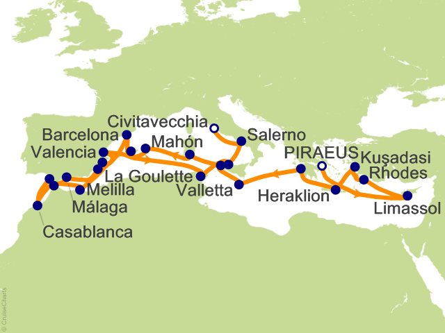 Carte de l’itinéraire Allura, Athènes (Le Pirée) → Rome (Civitavecchia)