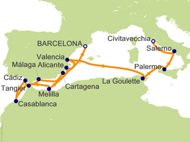Carte de l’itinéraire Allura, Barcelone → Rome (Civitavecchia)