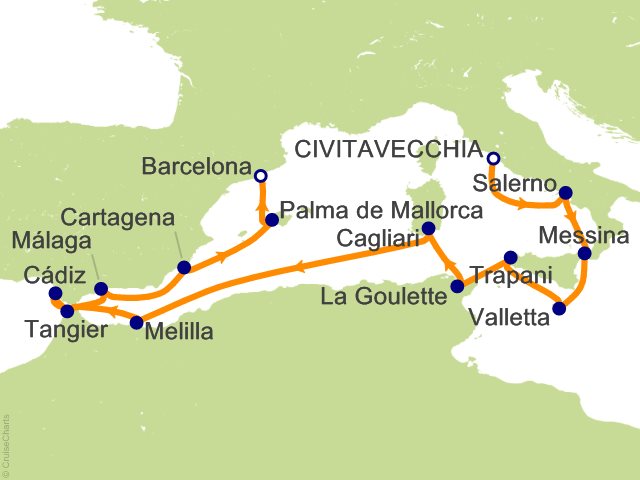 Carte de l’itinéraire Allura, Rome (Civitavecchia) → Barcelone