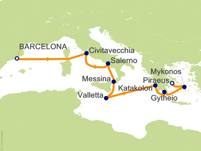 Carte de l’itinéraire Allura, Barcelone → Athènes (Le Pirée)