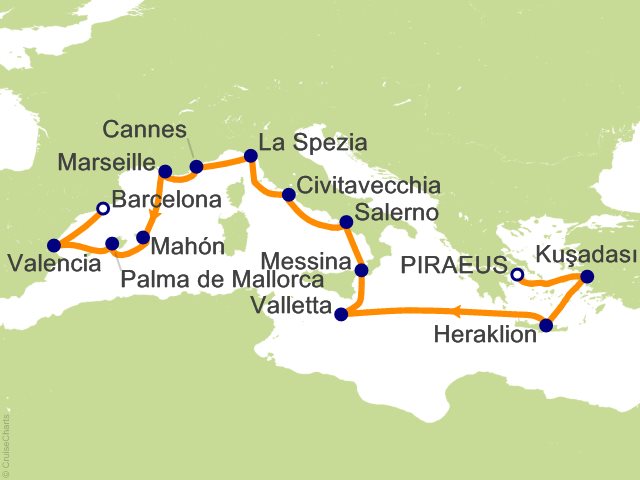 Carte de l’itinéraire Allura, Athènes (Le Pirée) → Barcelone
