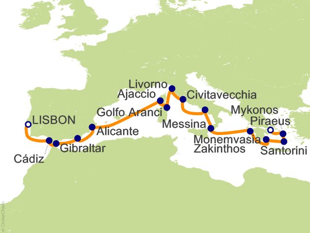 Carte de l’itinéraire Allura, Lisbonne → Athènes (Le Pirée)