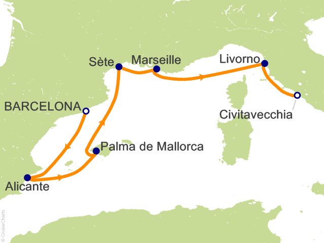 Carte de l’itinéraire Allura, Barcelone → Rome (Civitavecchia)