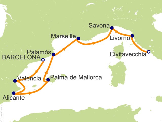 Carte de l’itinéraire Allura, Barcelone → Rome (Civitavecchia)