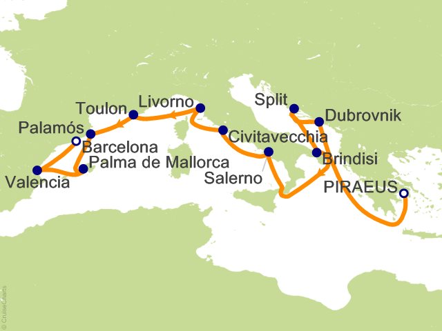 Carte de l’itinéraire Allura, Athènes (Le Pirée) → Barcelone
