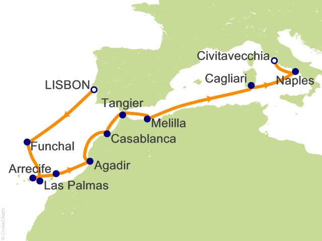 Carte de l’itinéraire Allura, Lisbonne → Rome (Civitavecchia)