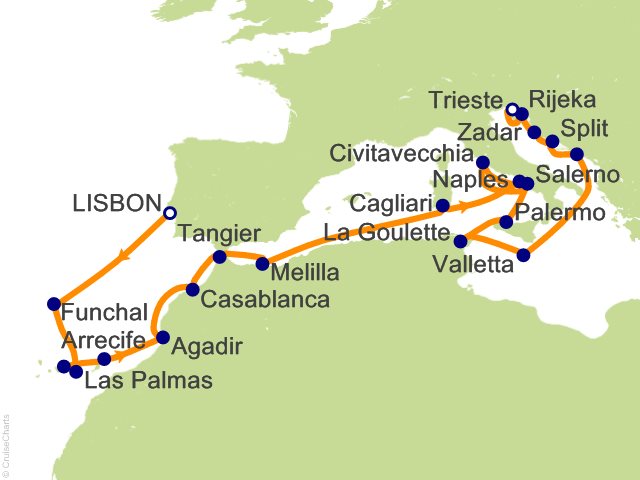Carte de l’itinéraire Allura, Lisbonne → Trieste