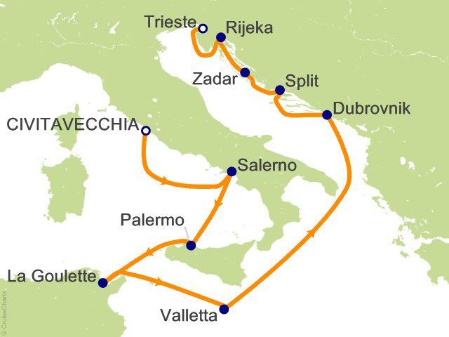 Carte de l’itinéraire Allura, Rome (Civitavecchia) → Trieste