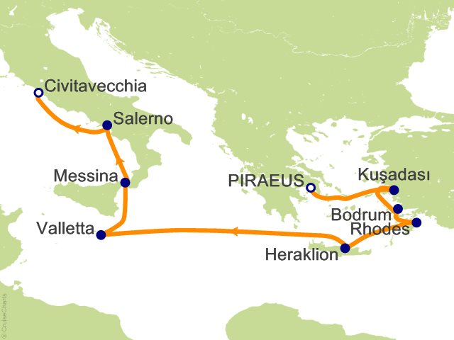 Carte de l’itinéraire Allura, Athènes (Le Pirée) → Rome (Civitavecchia)