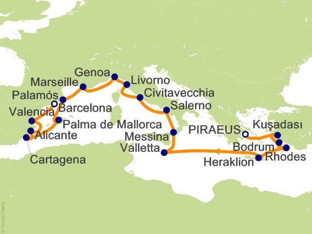 Carte de l’itinéraire Allura, Athènes (Le Pirée) → Barcelone
