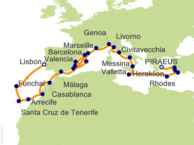 Carte de l’itinéraire Allura, Athènes (Le Pirée) → Lisbonne