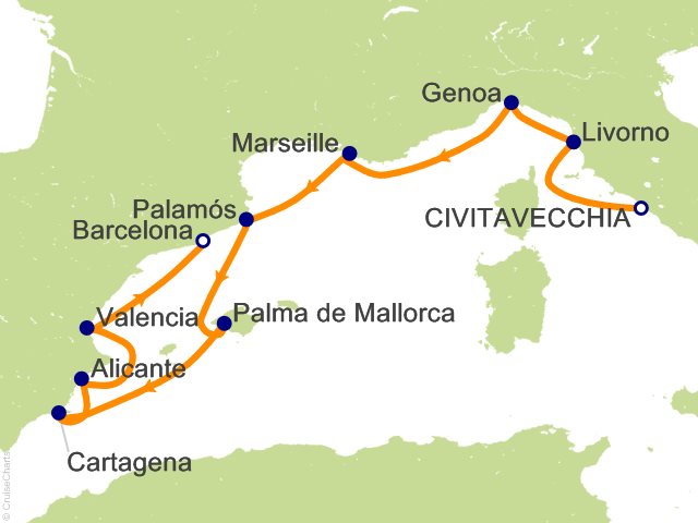 Carte de l’itinéraire Allura, Rome (Civitavecchia) → Barcelone