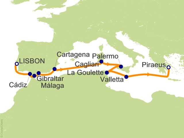 Carte de l’itinéraire Allura, Lisbonne → Athènes (Le Pirée)
