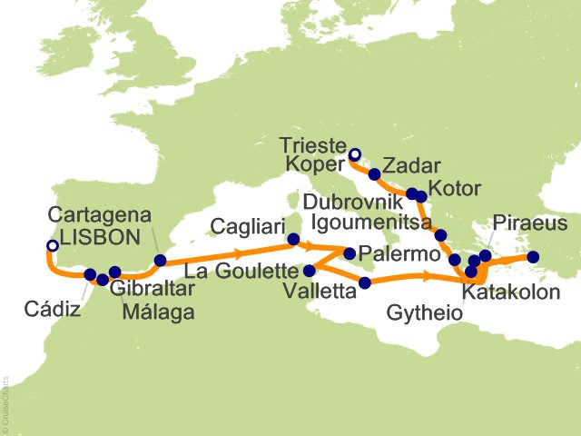 Carte de l’itinéraire Allura, Lisbonne → Trieste