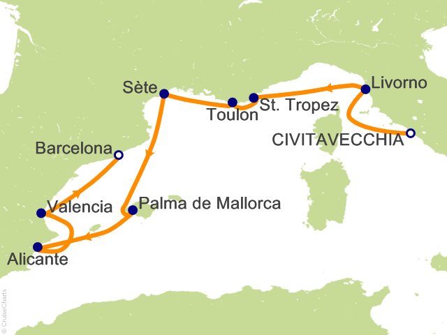 Carte de l’itinéraire Allura, Rome (Civitavecchia) → Barcelone