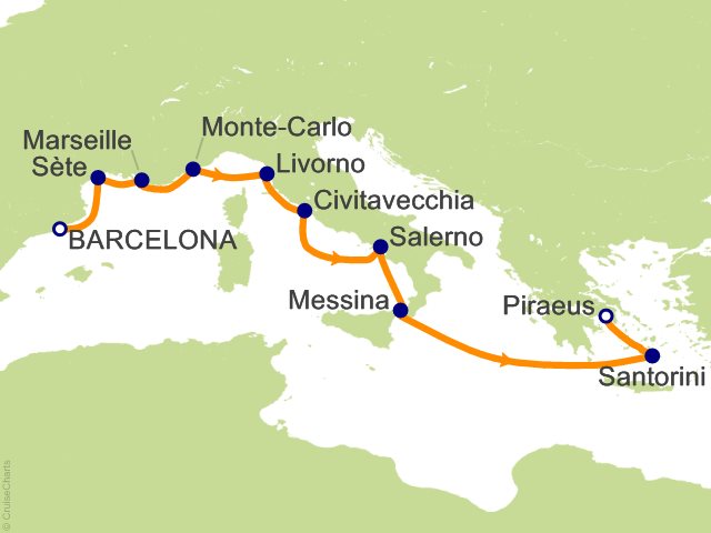 Carte de l’itinéraire Allura, Barcelone → Athènes (Le Pirée)