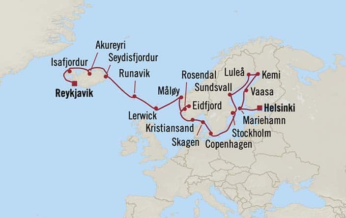 Carte de l’itinéraire Insignia, Helsinki → Reykjavík