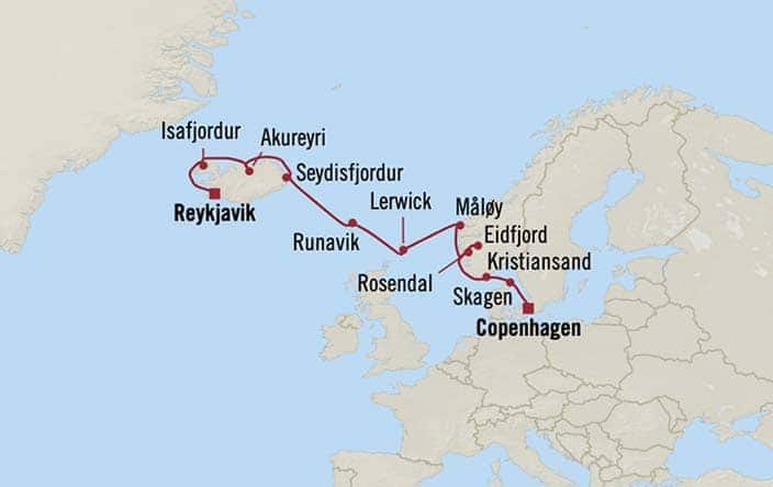 Carte de l’itinéraire Insignia, Copenhague → Reykjavík