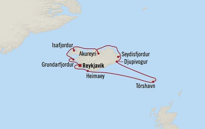 Carte de l’itinéraire Insignia, Aller-retour au départ de Reykjavík