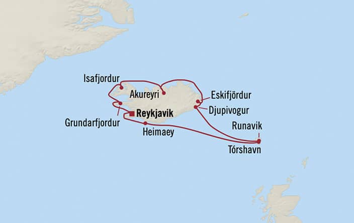 Carte de l’itinéraire Insignia, Aller-retour au départ de Reykjavík