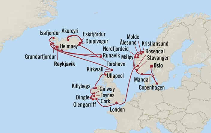 Carte de l’itinéraire Insignia, Reykjavík → Oslo