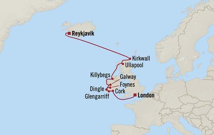 Carte de l’itinéraire Insignia, Reykjavík, Islande → Londres (Southampton)