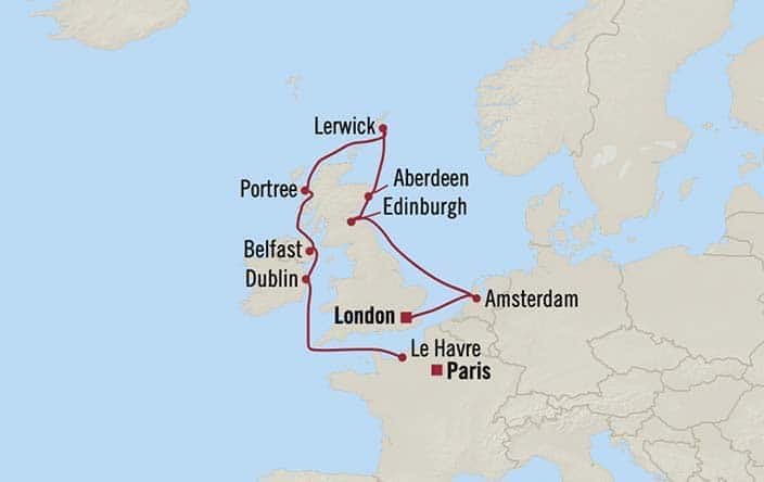 Carte de l’itinéraire Insignia, Londres (Tilbury) → Paris (Le Havre)