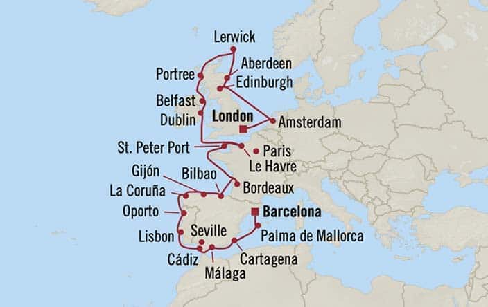 Carte de l’itinéraire Insignia, Londres (Tilbury) → Barcelone