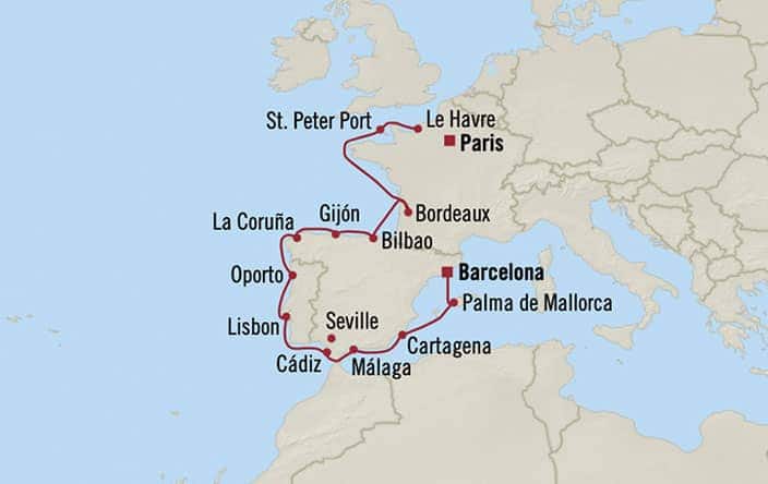 Carte de l’itinéraire Insignia, Paris (Le Havre) → Barcelone